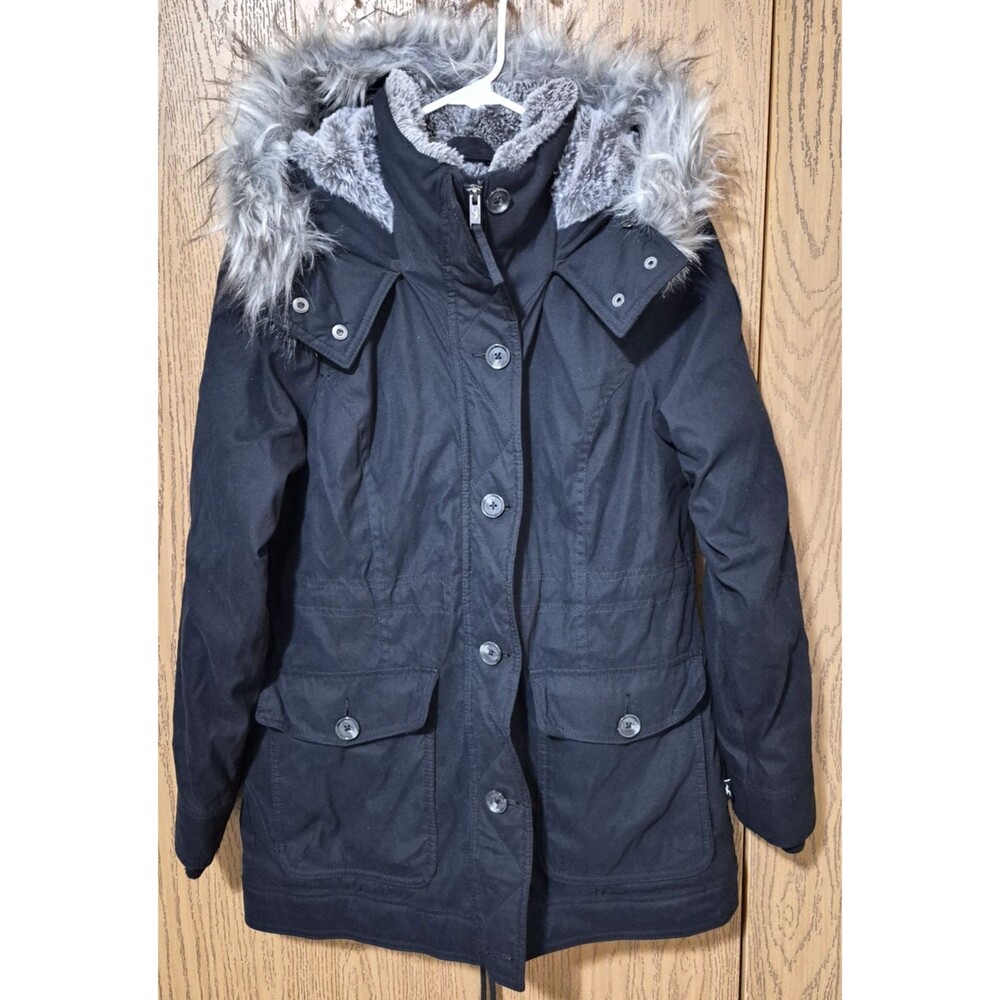 Hollister Women's Black Grey Faux Fur Lined Winter Jacket Coat w/Hood Size M